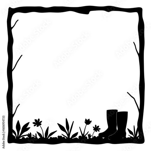 Silhouette rain boot prints in square frame – Autumn puddle walk, seasonal mood
