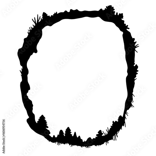 Silhouette of oval frame with snowshoe outline – Winter wilderness gear, outdoor adventure