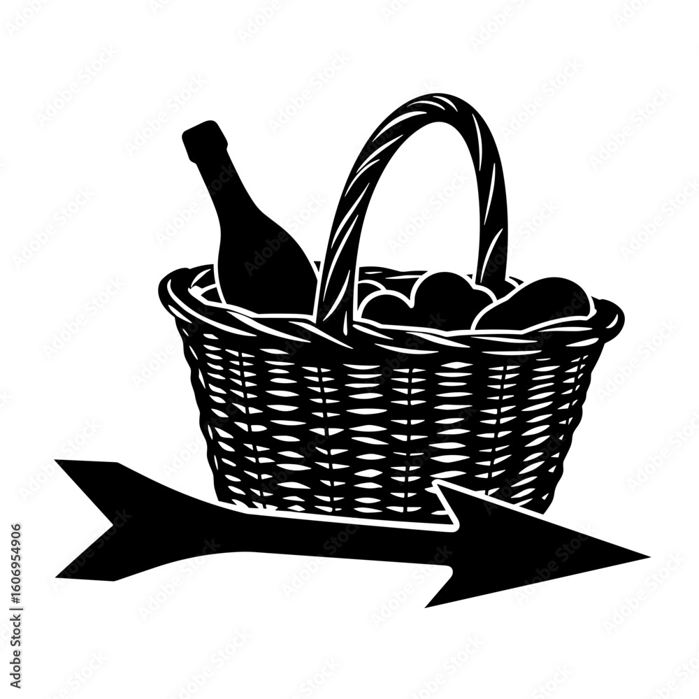 Fototapeta premium Silhouette of picnic basket with arrow – Autumn outdoor feast, food comfort