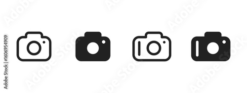 Camera icon. Simple photo camera silhouette with lens and flash details vector illustration. Photography and media device symbol. Compact gadget for image capture sign. Digital photo pictogram.