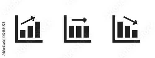 Chart icon. Bar graph with upward, stable and downward arrows vector illustration. Business analytics and financial performance trend symbol. Data metrics and economic report sign. Progress pictogram.