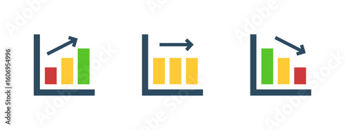Chart icon. Colorful bar graph with upward, stable and downward arrows vector illustration. Business analytics and financial performance trend symbol. Data metrics and economic report sign.