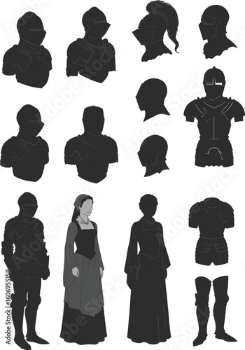 Medieval armor and costume silhouettes – knights, helmets, and historical women’s dresses vector collection for historical, fantasy, or gaming design