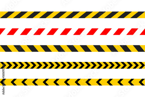 Hazard caution tapes with diagonal stripes in yellow, black and red vector illustration. Used for safety zones and restricted areas symbol. Construction and danger alert sign. Barrier and security.