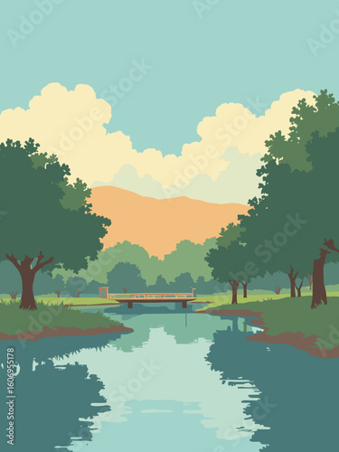 Chino, CA – Prado Regional Park lake and groves in lake blue, grove green, boardwalk brown, and sky gold
