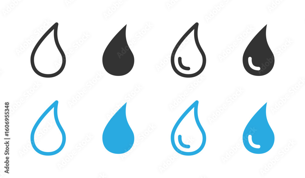 Water drop icon set. Simple liquid droplet shape in outline, solid and colored styles vector illustration. Rain, purity, hydration and fluid symbol. Suitable for apps, UI, nature and ecology sign.