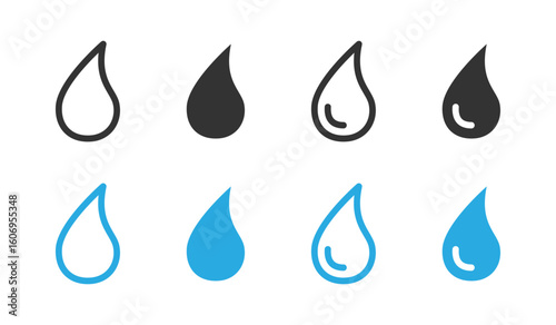 Water drop icon set. Simple liquid droplet shape in outline, solid and colored styles vector illustration. Rain, purity, hydration and fluid symbol. Suitable for apps, UI, nature and ecology sign.