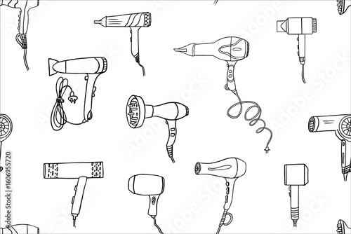 Seamless pattern of hairdresser tools in doodle style. Hair dryer, hair straightener, diffuser. Stylist. Beauty salon. Hand drawn	