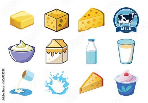 Cartoon Dairy Products: Milk, Cheese, Yogurt, and Butter Icons Set