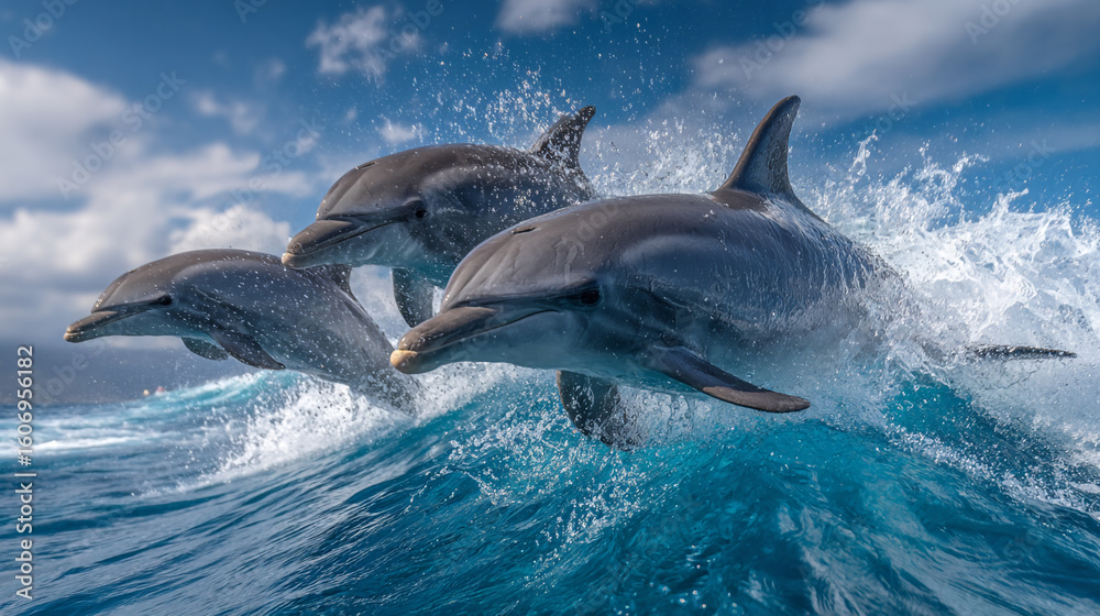 Fototapeta premium Three Dolphin Leaping From Blue Ocean Water With Splashing Wave Under Cloudy Sky