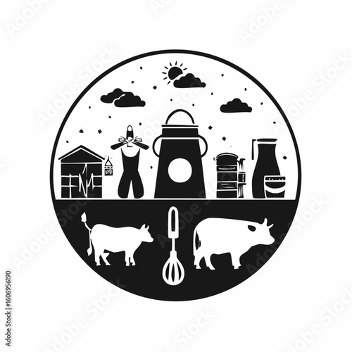 Farm fresh dairy silhouette scene capturing cows, milk cans, and rural charm