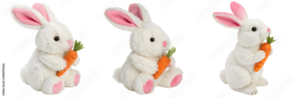 Obraz premium Set For Three stuffed bunny rabbits are isolated on transparent background, each holding a carrot