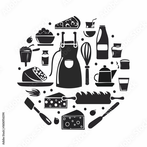 Culinary exploration silhouette featuring kitchen essentials, ingredients, and baking tools for delicious creations