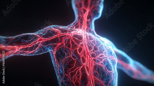 detailed human vascular system with glowing red and blue veins