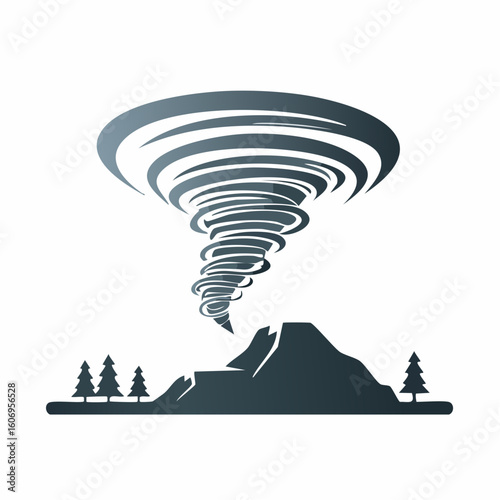 Powerful tornado silhouette engulfing mountainous landscape with isolated trees creating dramatic natural disaster imagery