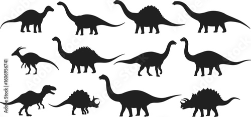 Dinosaur silhouette set – prehistoric reptiles vector illustrations, T-Rex, Brontosaurus, Stegosaurus, Triceratops black silhouette collection