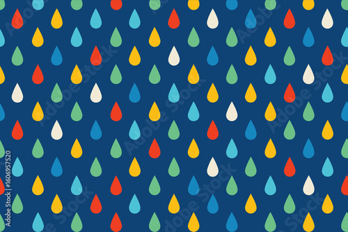 Colorful raindrops falling on a deep blue background pattern
