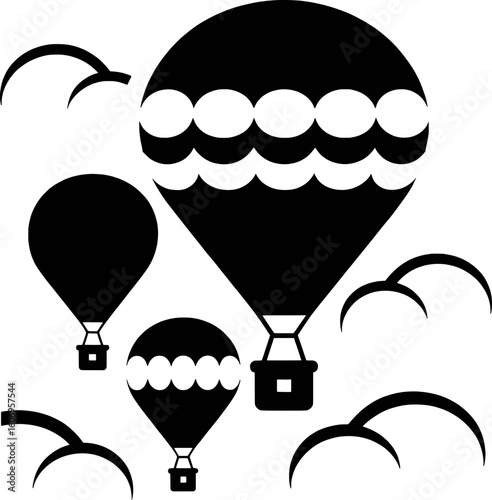 Black hot air balloons flying with curved shapes white