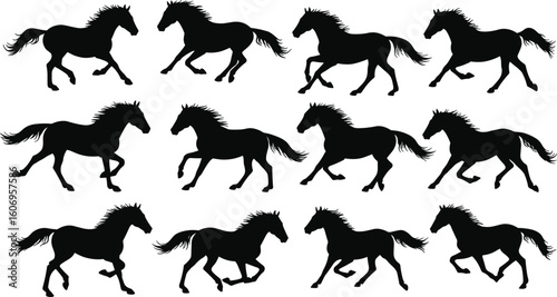 Running horse silhouette set – wild stallion clipart, galloping horse vector illustrations, equine animal black silhouette collection