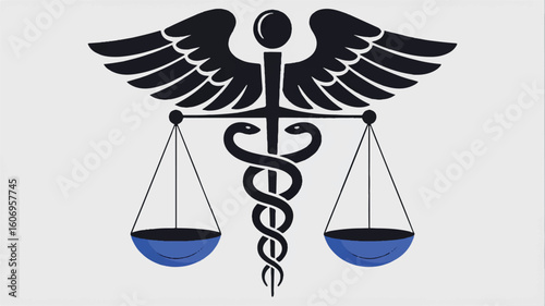 Medical symbol combining caduceus and scales of justice for healthcare and legal professions