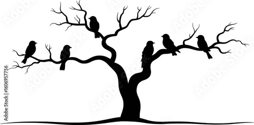 Black silhouette of birds perched on a bare tree branch vector