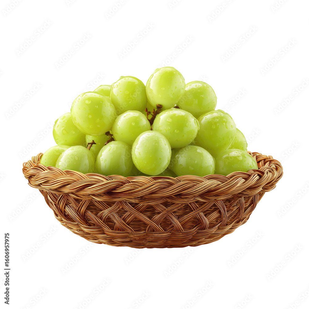 A cluster of pale green grapes sits in a shallow, woven wicker basket A cluster of pale green grapes sits in a shallow, woven wicker basket