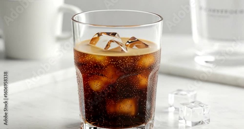 Refreshing glass of soda with ice on marble table