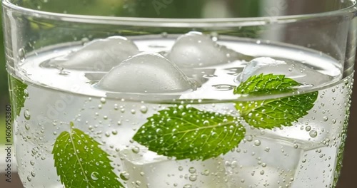 Refreshing drink with mint leaves and ice cubes