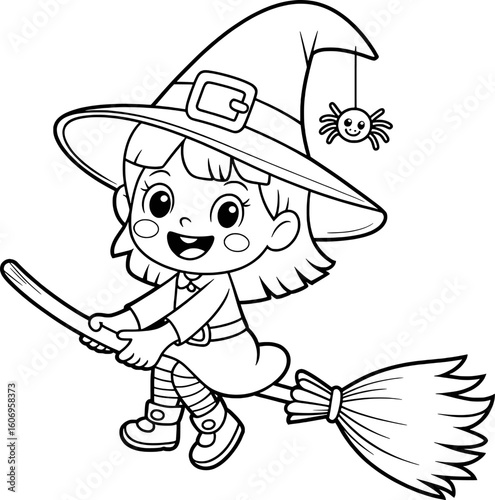 Cute cartoon witch flying on a broomstick with a spider halloween
