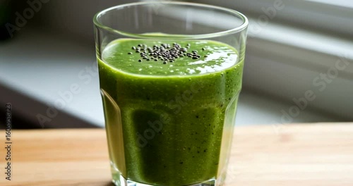 Refreshing green smoothie in a glass on a table