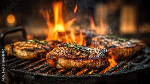 hot meat cooking on a black iron grill with fire