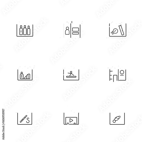 Circus Game Icons. Outline icon set of circus game stalls: ring toss bottles, dunk tank, balloon dart board, bean bag toss, duck 