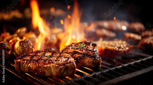 hot meat cooking on a black iron grill with fire