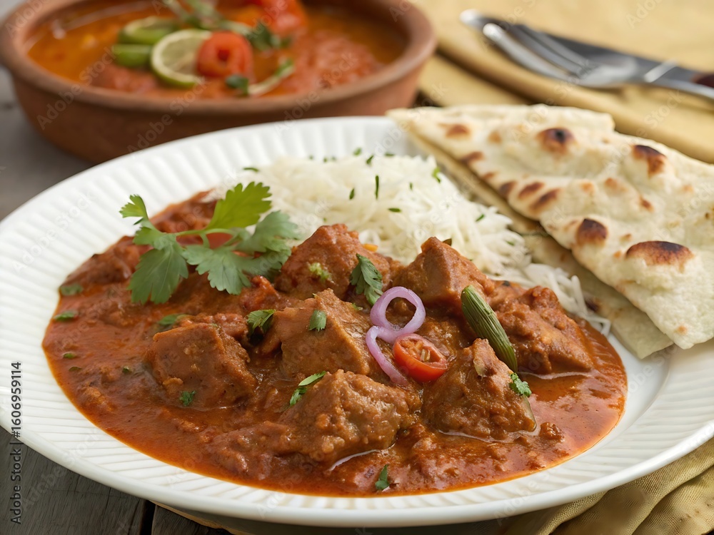 Delicious Indian lamb curry with fluffy rice and naan bread ready to eat, perfect for restaurant menus, cooking blogs, and international cuisine promotions to tantalize taste buds Delicious Indian lamb curry with fluffy rice and naan bread ready to eat, perfect for restaurant menus, cooking blogs, and international cuisine promotions to tantalize taste buds