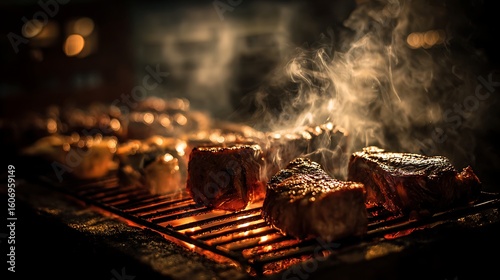 steamy barbecue meat glowing under firelight