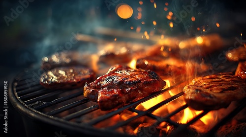 steamy barbecue meat glowing under firelight