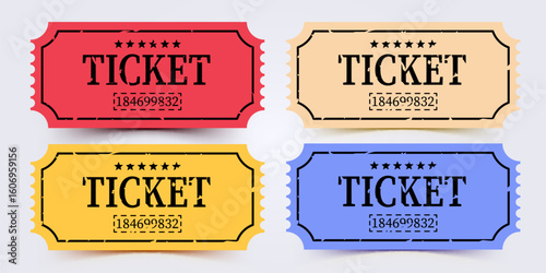 Vintage old ticket icons set. Retro ticket design template. Ticket for cinema, movie, circus, carnival, film, festival. Vector illustration