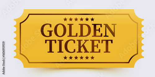 Golden ticket mockup isolated on white background. Cinema, theater, concert, party, event, festival invitation entrance. Vector illustration