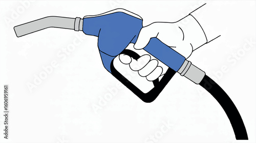 Line art illustration of a blue gas pump nozzle held by a gloved hand