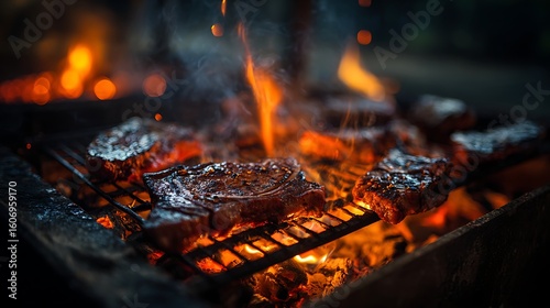 steamy barbecue meat glowing under firelight