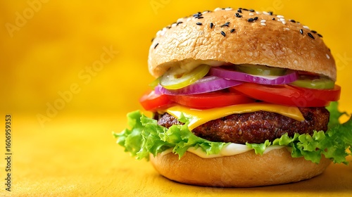 delicious hamburger with fresh toppings bright vibrant background