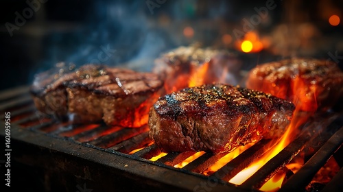 meat over hot coals on grill with steamy heat