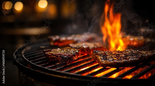 fire lit grill with meat sizzling on top glowing red