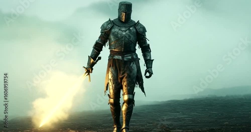 Knight in armor walking through foggy landscape