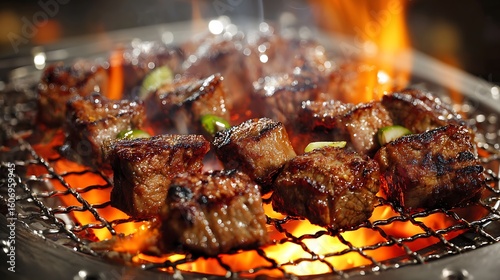 grilled meat with fat sizzling and fire beneath