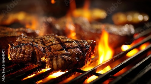grilled meat with fat sizzling and fire beneath