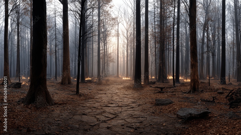 Naklejka premium Renewing the charred wilderness forest fire rebirth and transformative regrowth in a wild environment