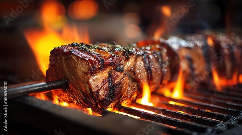 meat roasting with flames licking the edges