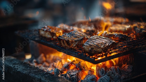 barbecue setup with glowing charcoal under hot meat