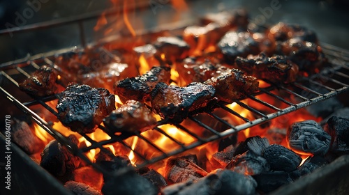 barbecue setup with glowing charcoal under hot meat